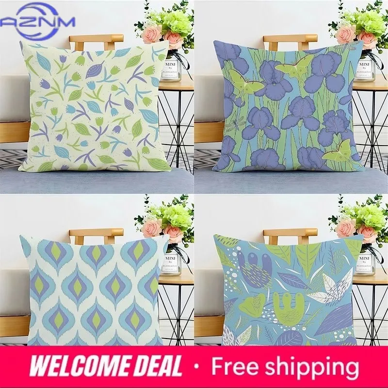 Purple Pattern Pillow Cover Plant Geometric Sofa Living Room Cushion Cover Bedside Square Pillowcase Removable and Washable