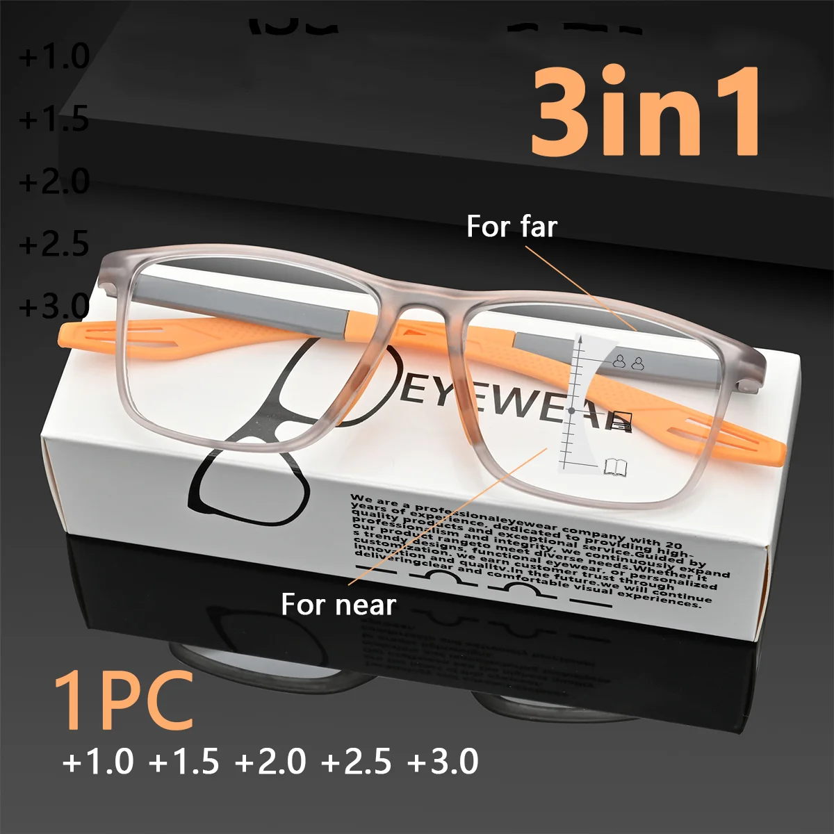 1 Packung 3-in-1-Gleitsichtbrille mit Anti-Blaulicht- und Anti-Ermüdungsgläsern, quadratischem, ultraleichtem PC-Rahmen
