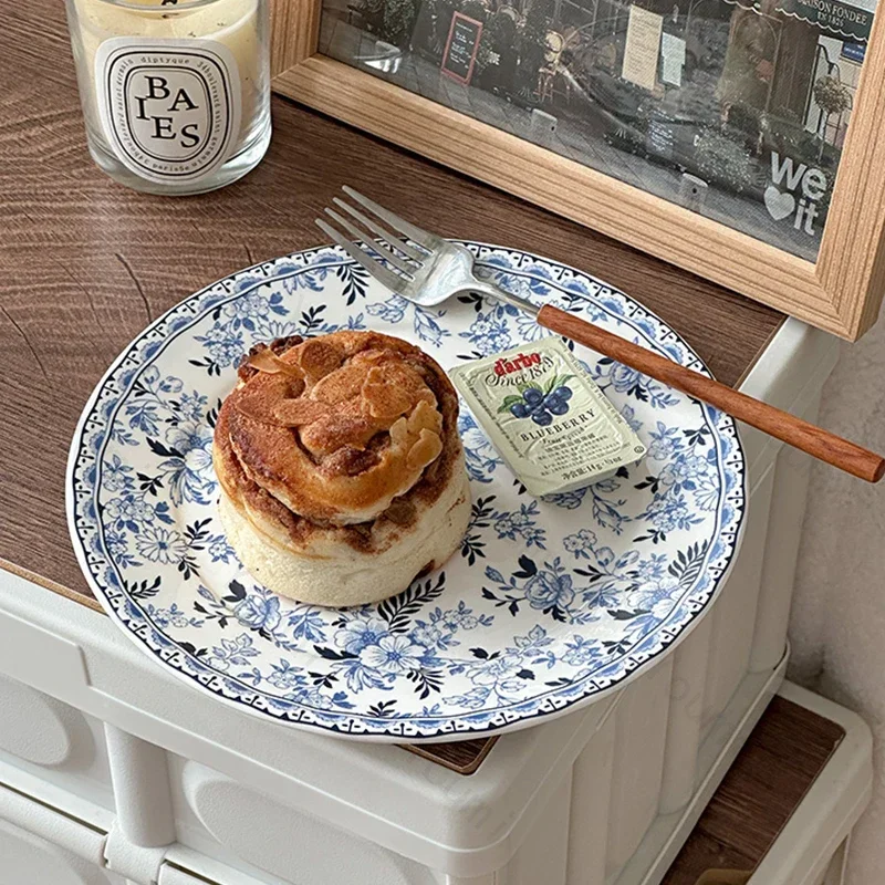 Retro Chinese Style Dining Plates Light Luxury Small Flowers Ceramic Plate Afternoon Tea Dessert Fruit Plate Exquisite Tableware
