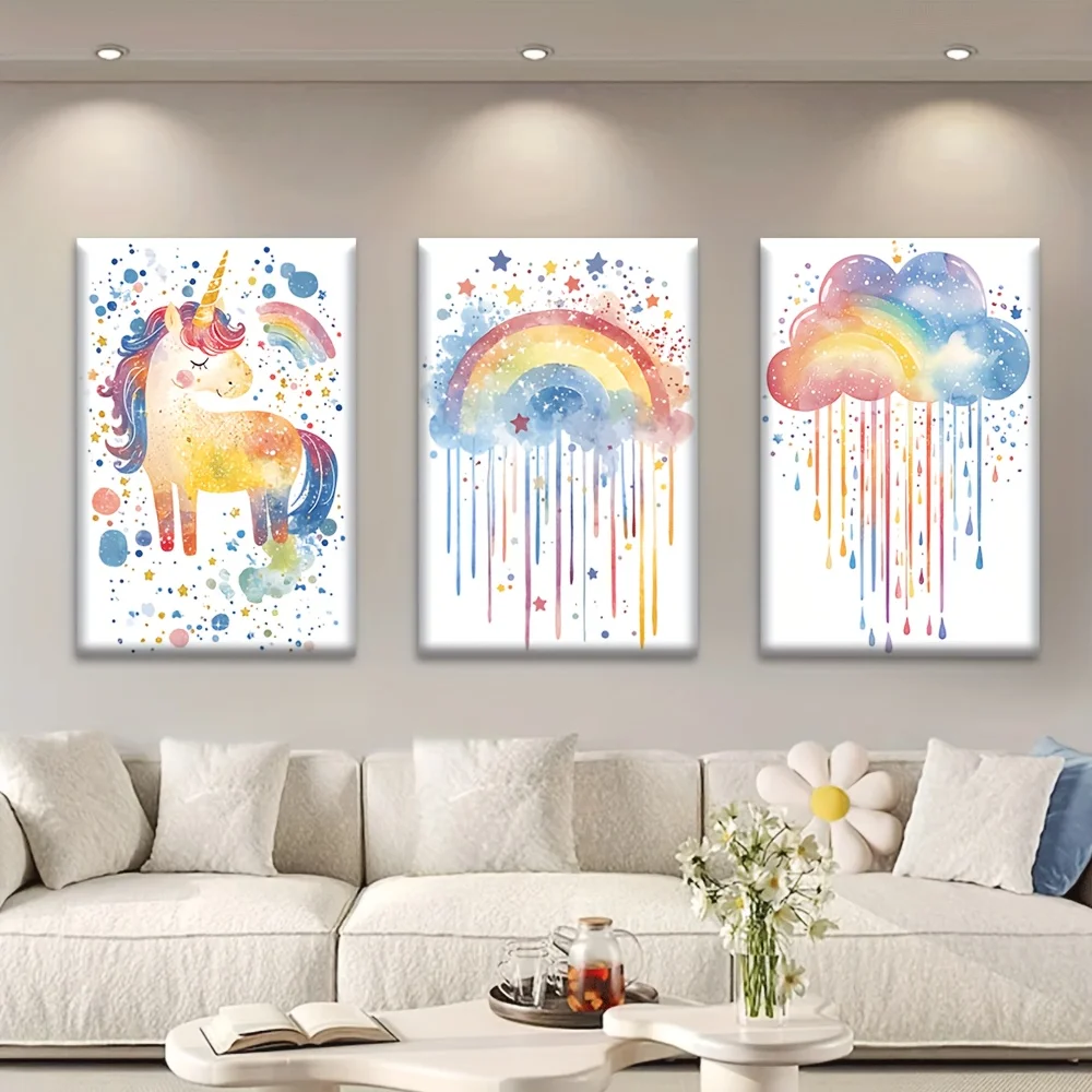 3pcs/set, Canvas Painting--Unframed, Watercolors, Ponies, Rainbows, Clouds, Posters and Prints, Living Room, Library, Office,