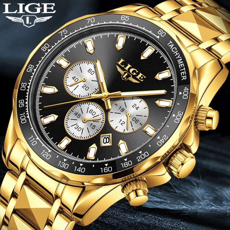 

LIGE New Fashion Sport Luminous Quartz Wristwatch Clock Full Steel Gold Chronograph Waterproof Watches for Men Relogio Masculino