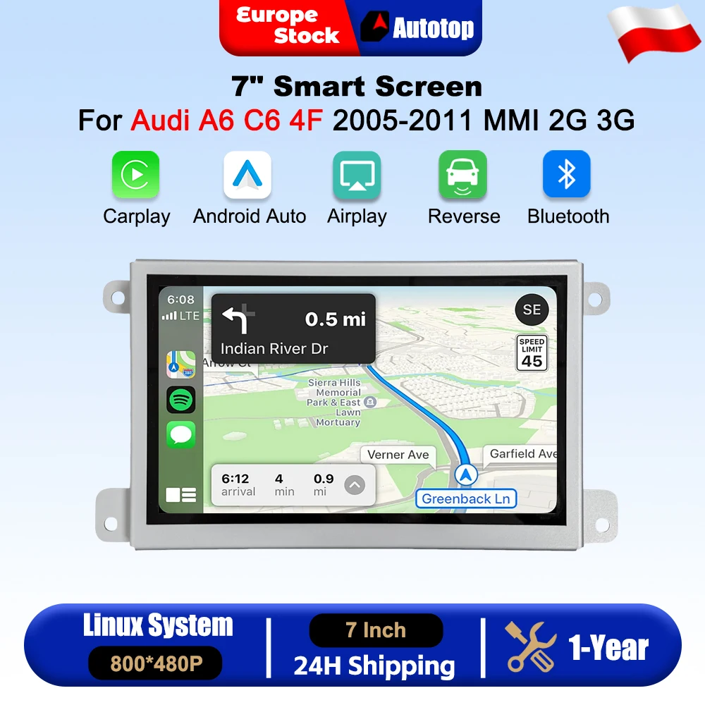 AUTOTOP 7-calowe bezprzewodowe radio samochodowe z CarPlay i Android Auto na systemie Linux do Audi A6 C6 4F 2005-2011 MMI 2G MMI 3G, odtwarzacz multimedialny z ekranem dotykowym, z funkcją YouTube