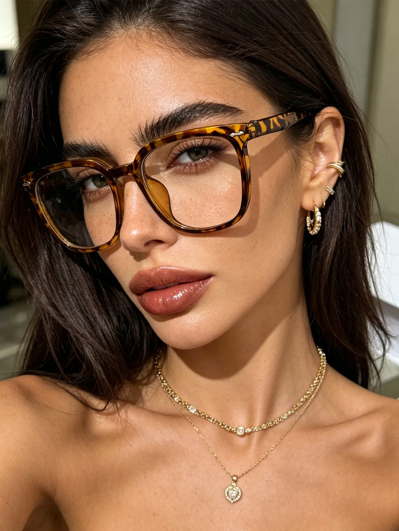 1Pc Clear Amber Leopard Print Square Frame Fashion Glasses, Face-Flattering, Versatile for Daily Commuting, Unisex