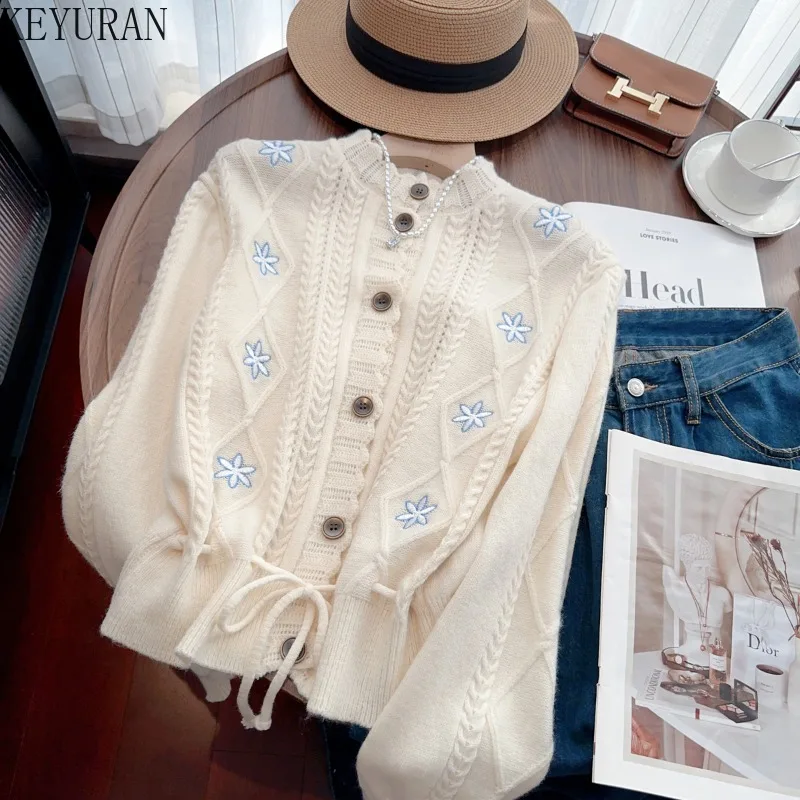 2024 Autumn Winter New Embroidered Sweater Women Vintage O-Neck Long Sleeve Lace Up Slimming Waist Knitted Cardigan Tops Jumpers