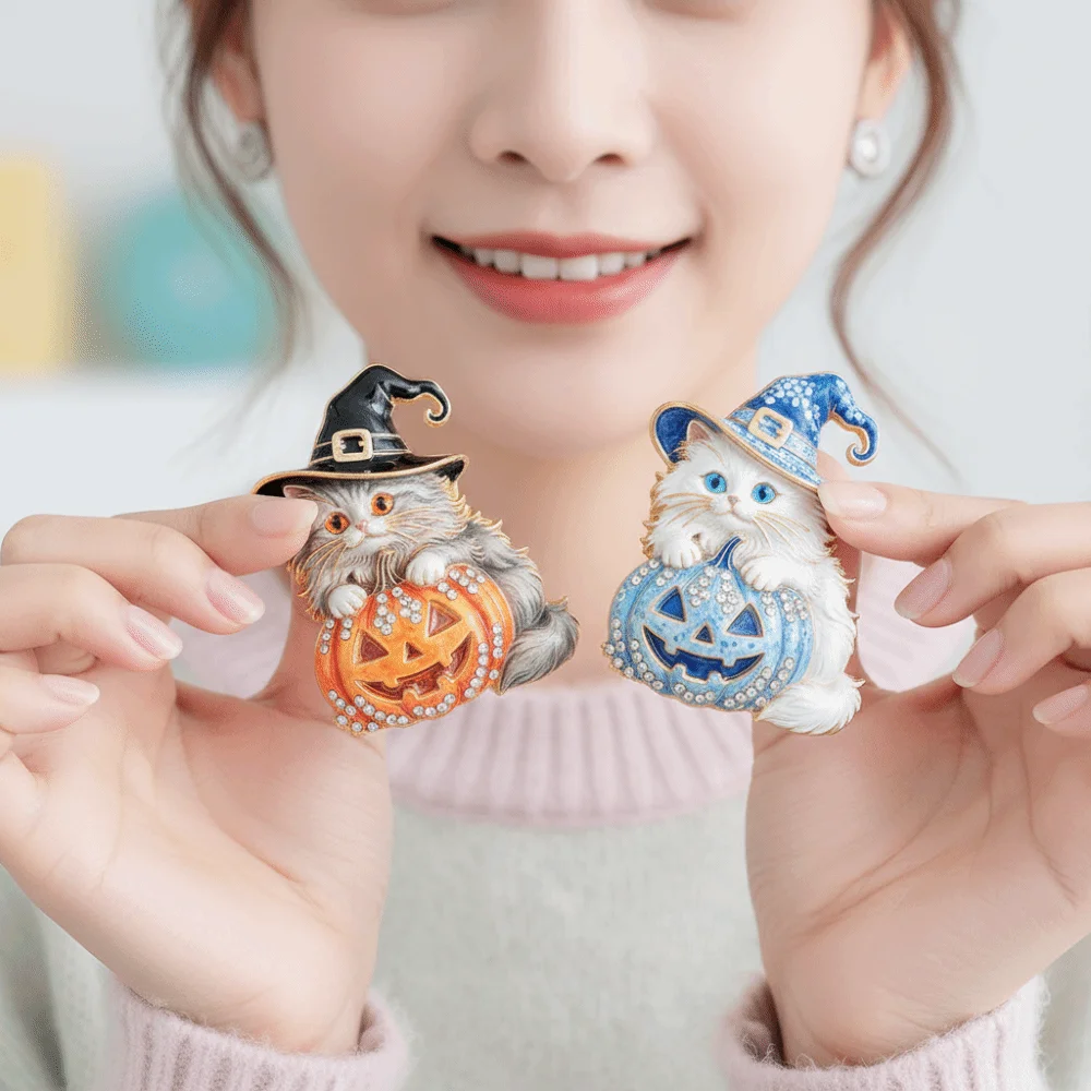 Shiny Halloween Cat Brooch Enamel Craft Eco-friendly Alloy Witch Hat Badge Detailed Design Vibrant Colors Pumpkin Enamel Pin