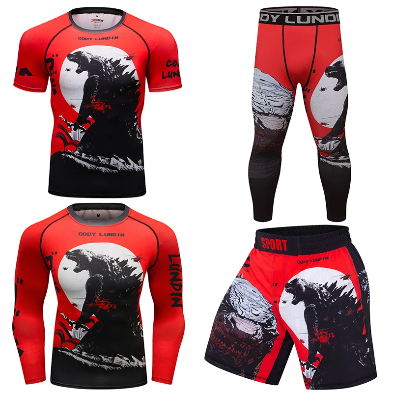 Rash Guard Jiu Jitsu T-Shirts+Pants Diving Swimming Surfing Rashguard 4pcs/set Mens Sport Boxing Bjj Gi MMA Muay Thai Shorts