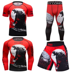 T-shirty z Jiu Jitsu ochraniacz na wysypkę + spodnie do nurkowania surfingu 4 sztuk/zestaw męskie sportowe bokserki Bjj Gi MMA spodenki Muay Thai