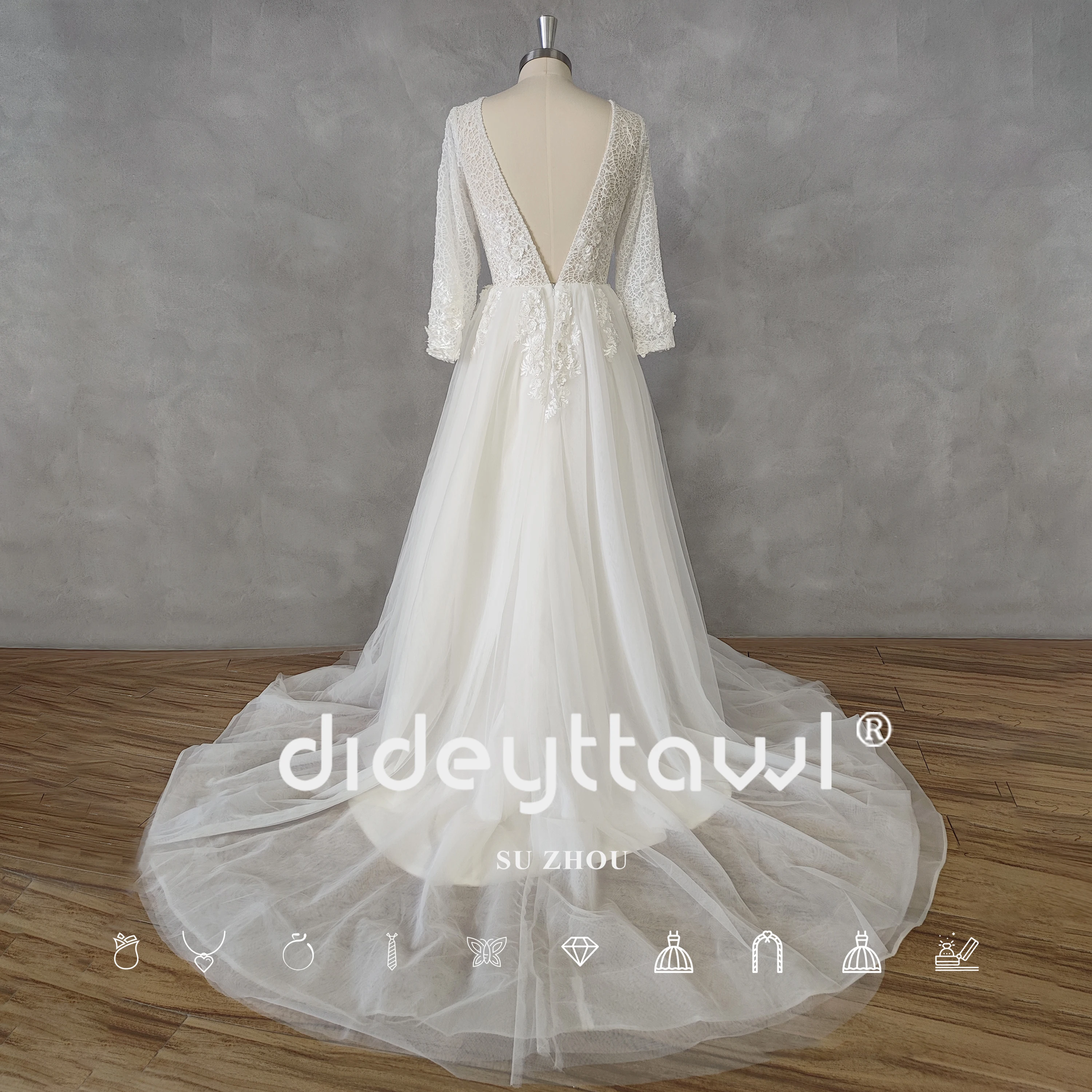 DIDEYTTAWL Real Picture Boho Deep V-Neck A-Line Lace Top Long Long Sleeves Tulle Wedding Dress Open Back Court Train Bridal Gown