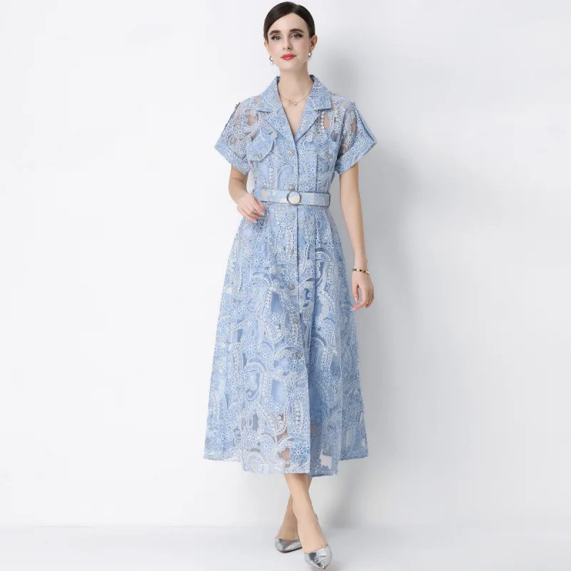 

2026 Spring Summer Lace Embroidery Floral Blazer Dress Elegant Long Dresses Matching Set