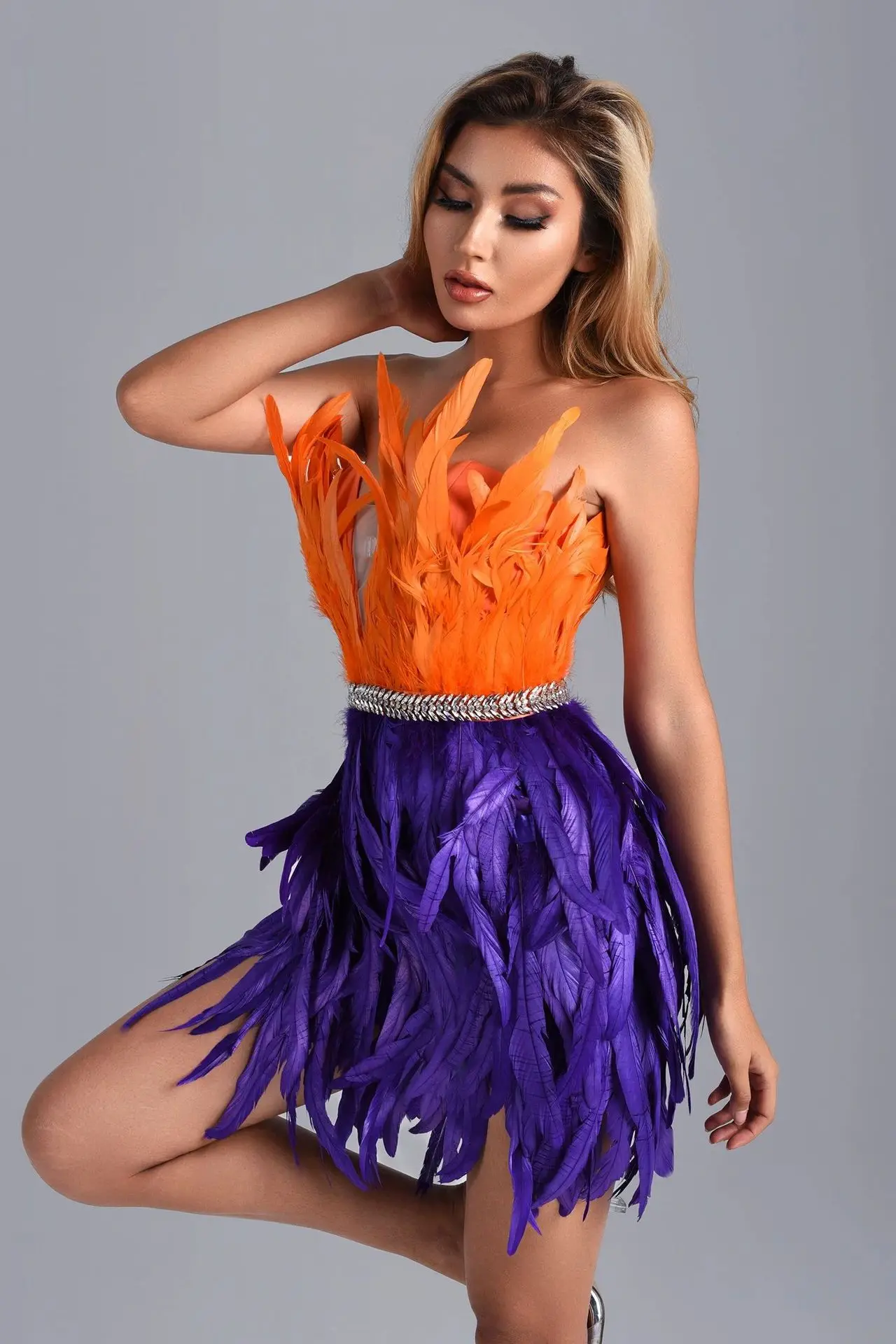 Women's Summer New Glam Sleeveless Dress Feather Spliced Fashion Hot Party Stage Performance Gown Party Wear Dress for The Women