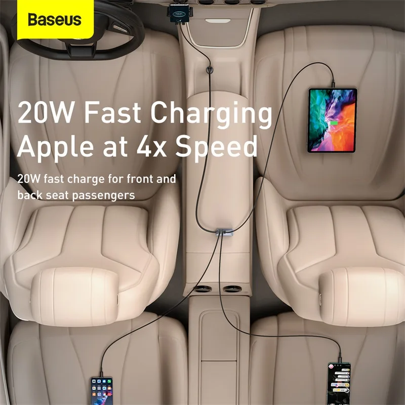 Baseus 120W PPS Multi-port Fast Charging Car Charger With Extension Cord For iPhone 14 Pro Xiaomi USB Type C Car Phone Charger