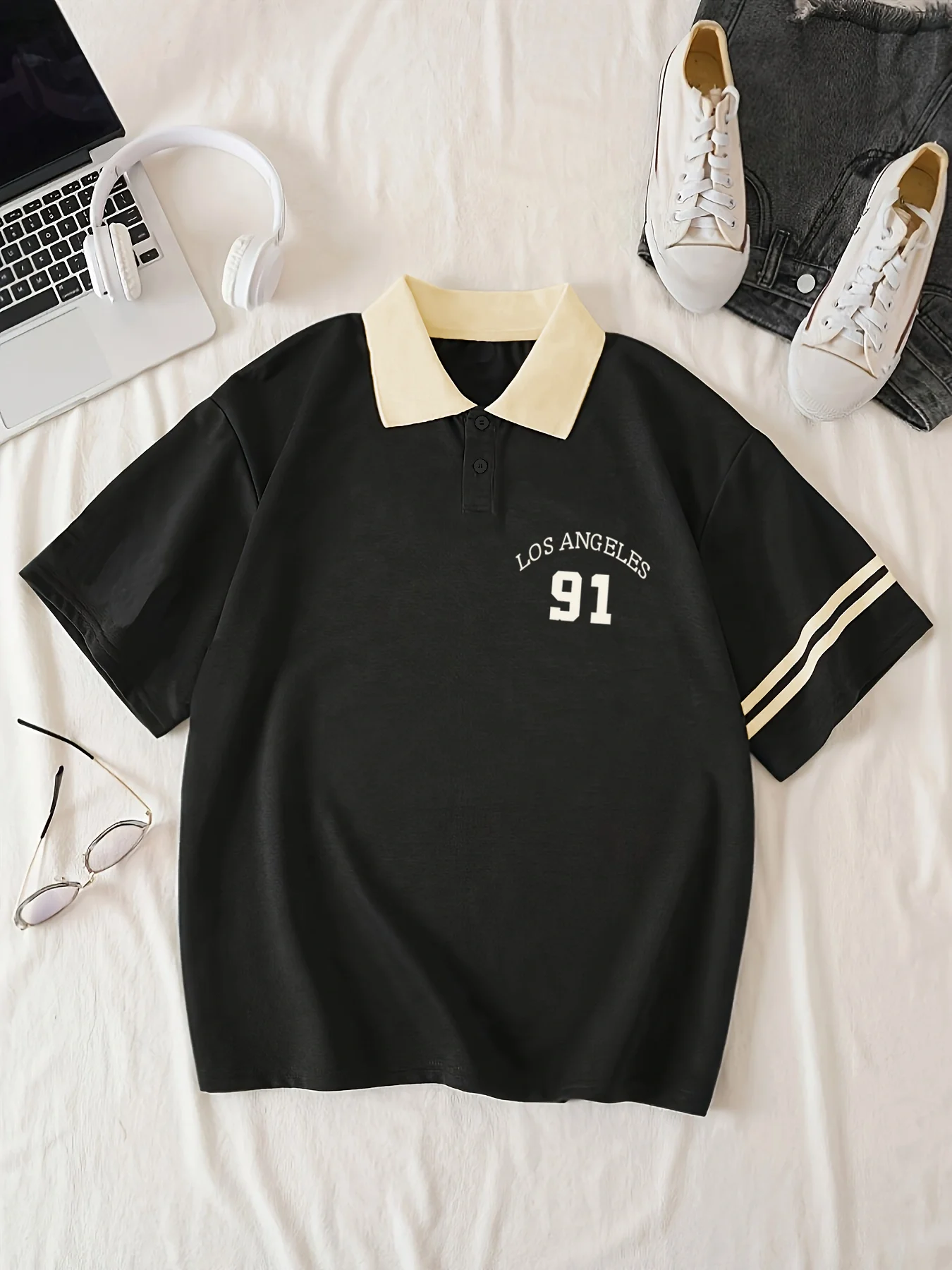 Los Angeles 91 graficzny swobodny koszulka Polo do golfa, modny uniwersalny krótki rękaw z kołnierzem i paskami na rękawie, Streetwear Top