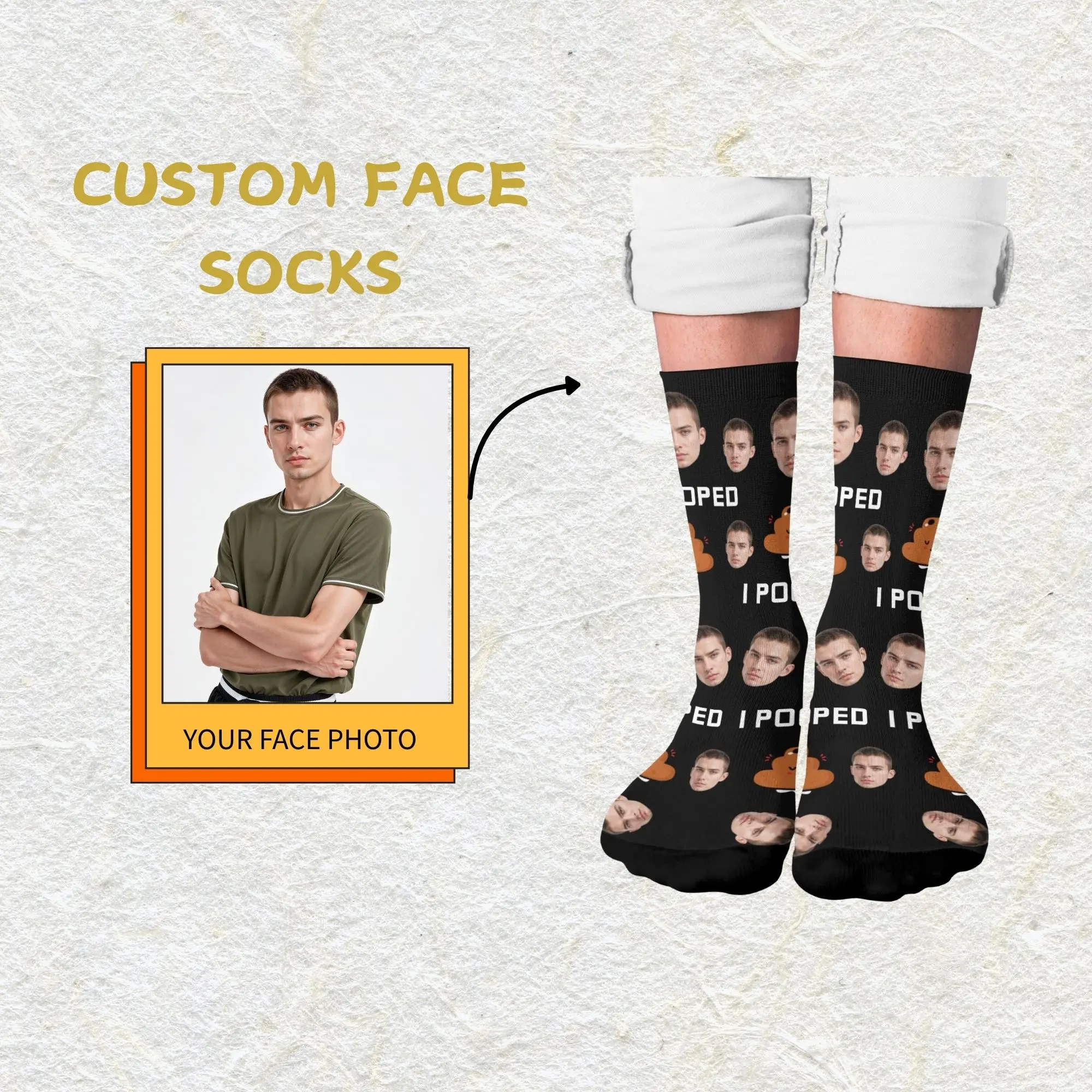

Goofy Funny Memory-Carrying Socks Custom Face “I POOPED” Poop on Black To Recall Funny Moments Gifts for Husband or Friends