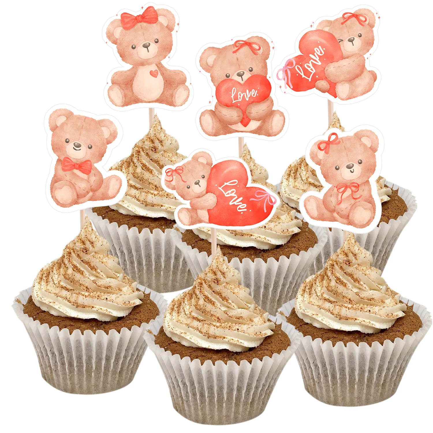 30 teile/satz Cartoon Schöne Bär Cupcake Topper Rote Herz Bogen Bär Topper Für Hochzeit Valentinstag Party DIY Cupcake Dekorationen