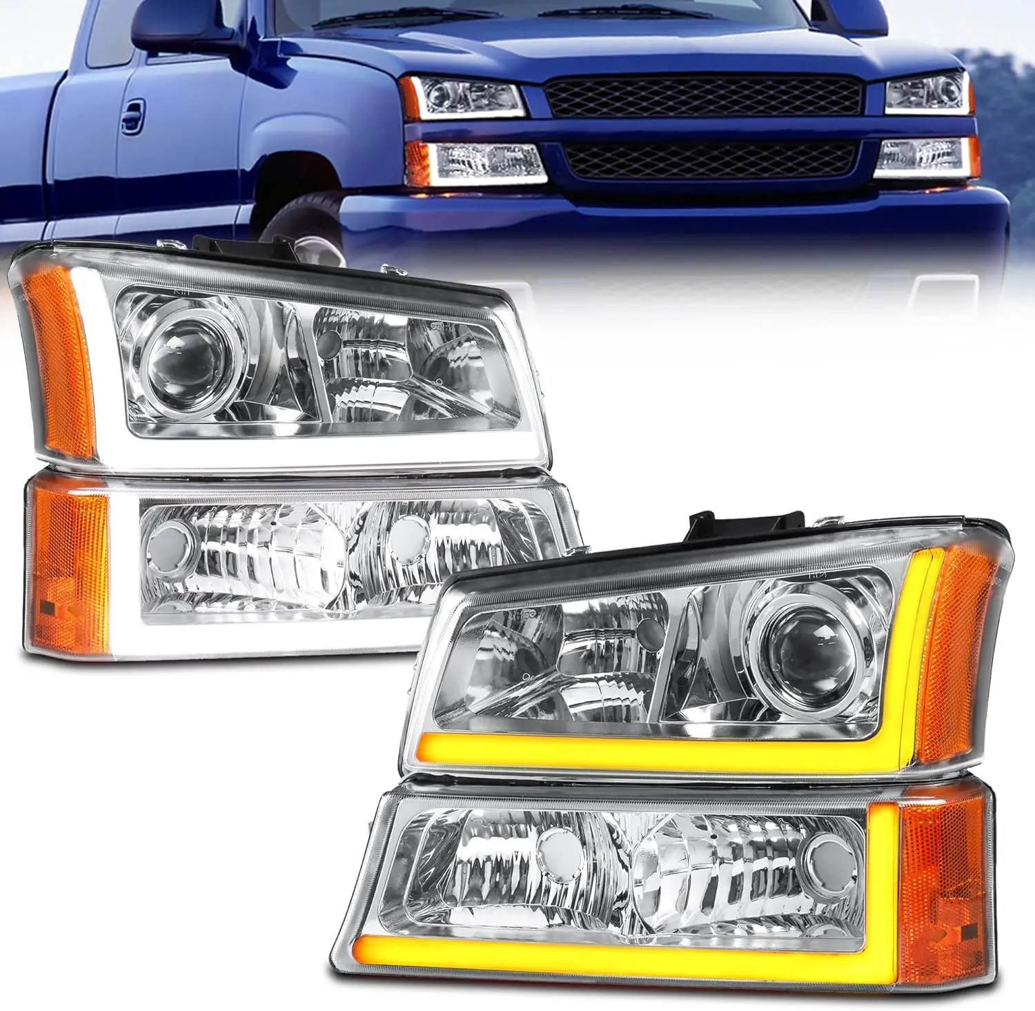 Led DRL Projector Headlight Assembly Compatible with 2003-2006 Chevy Silverado/Avalanche 1500/2500 Front Lamp w/Sequential Turn