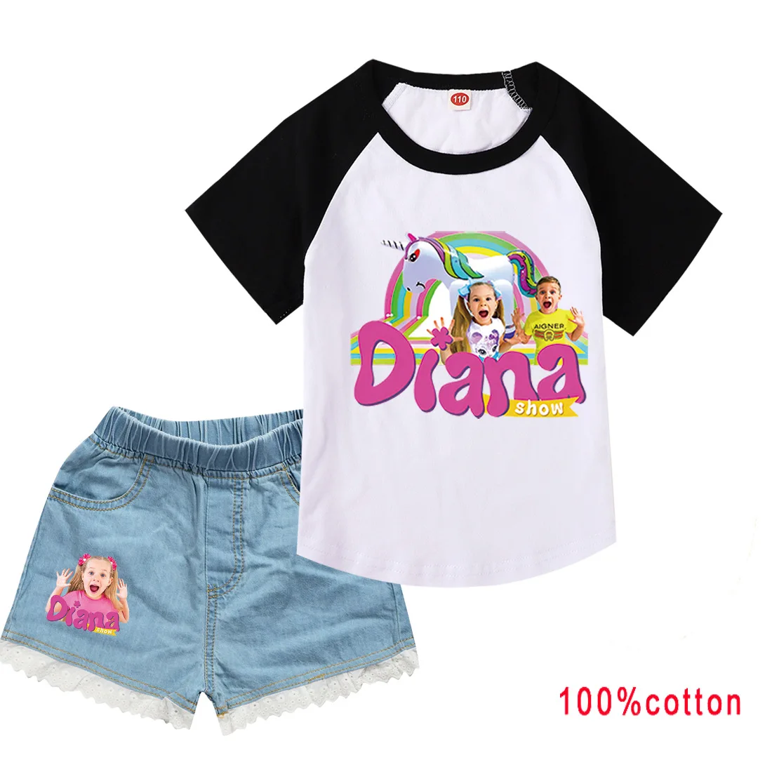 Diana and Roma Clothes Kids Summer Vacation Outfits Girl Outfits Children Cartoon T-shirt Jeans Shorts 2Pcs Sets Best Gift