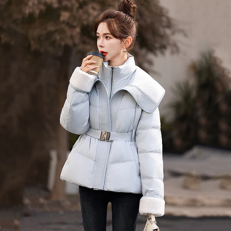 

New Women Winter Down Jacket Fashion Double Collar Wide-waisted Short White Duck Down Coat Elegant Thick Warm Jacket