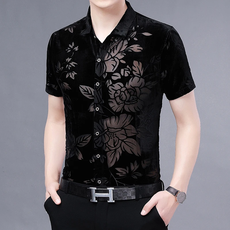 New 2021 Sexy Maple Flower Shirt For Men Fashion Transparent Black Shirt Spring Summer Plus Size Office Party Casual Shirt Top