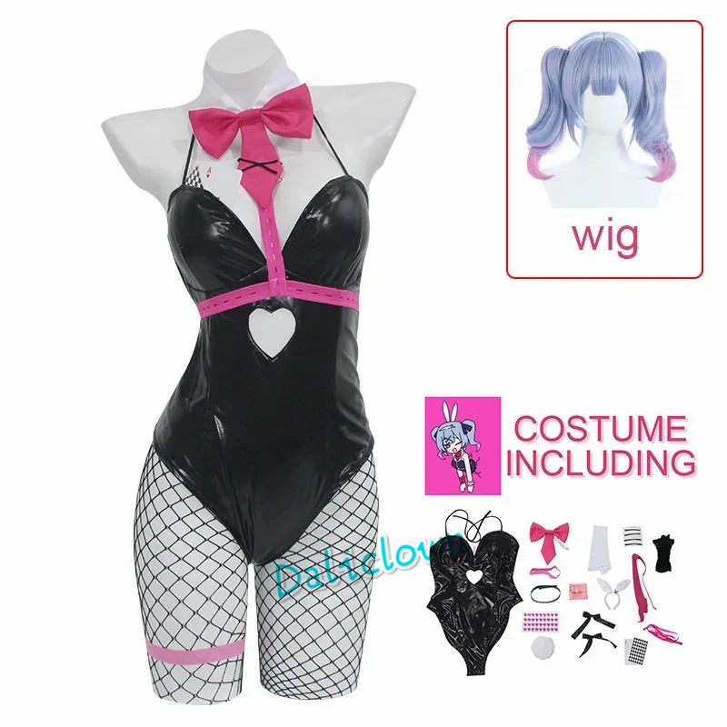 Miku Rabbit Hole Cosplay Costume parrucca Anime Black Patent Leather Bunny Girl Sexy Body Suit Halloween Party Outfit con orecchie