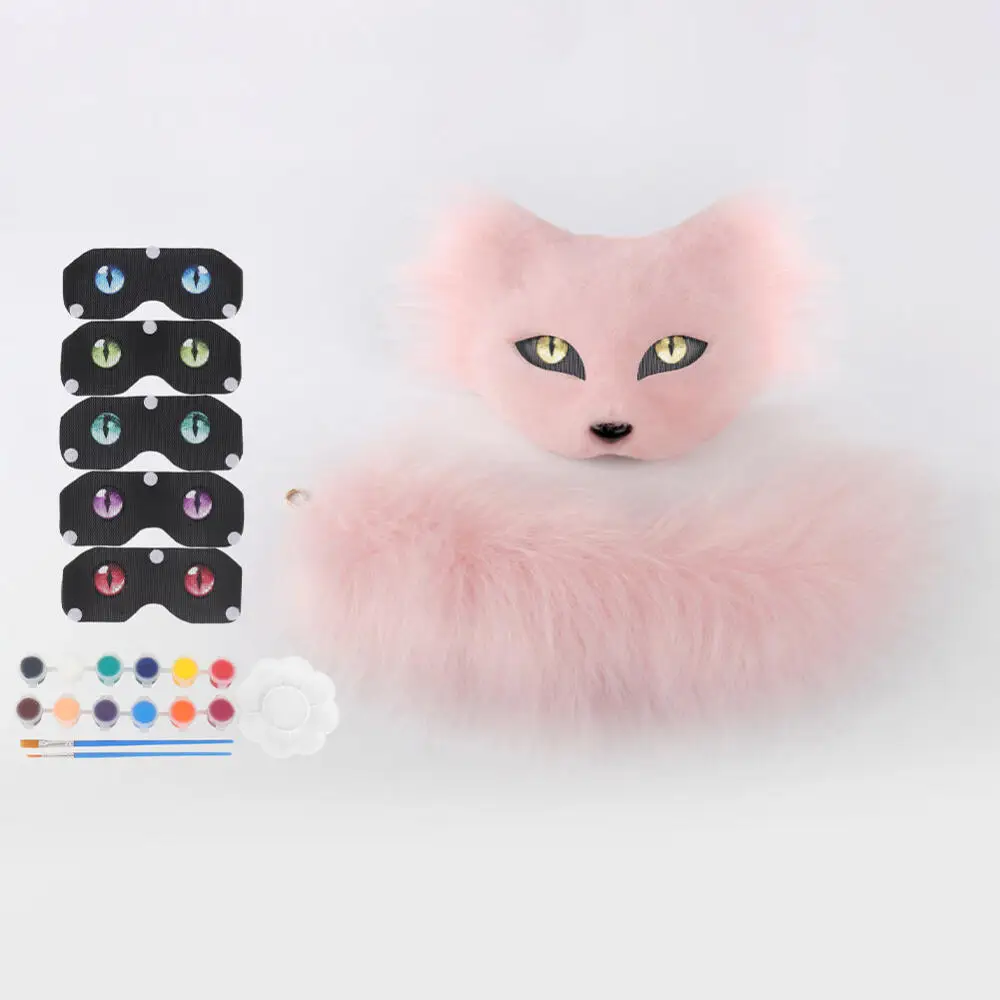Halloween Cosplay Akcesoria Zwierzęcy Kot Cos Maska na Pół Twarzy z Ogonem 2-częściowy Zestaw z Farbą Personalizowana Maska DIY Pluszowy Ogon Rekwizyty Zwierzęce