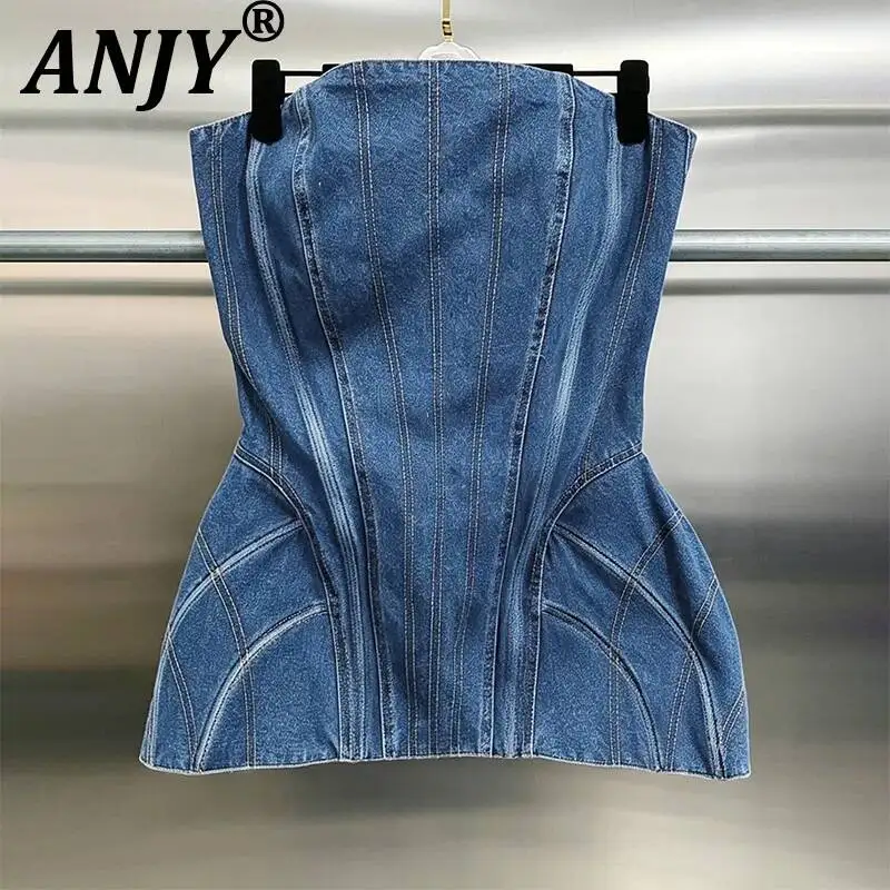 

ANJY Spring Summer New Women European Style Fashion Three-dimensional Fishbone Design Waist-cinching Niche Denim Tube Top A24844