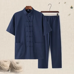 Chinese Style Cotton Linen Tang Suit Men's Summer Casual Short-Sleeved Pants Homewear Suit Classic Button Tai Chi Kung Fu Set