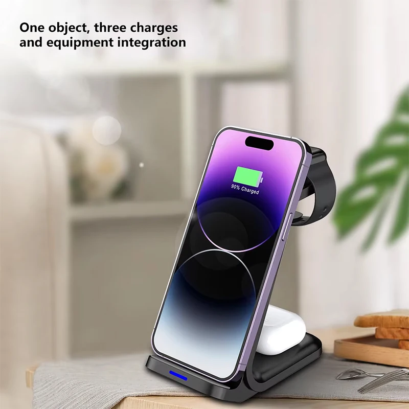 حامل شاحن لاسلكي سريع LED 30 وات محمول 3 في 1 محطة شحن لهاتف iPhone 15 14 13 12 11 Apple Watch 9 8 7 6 Airpods Pro