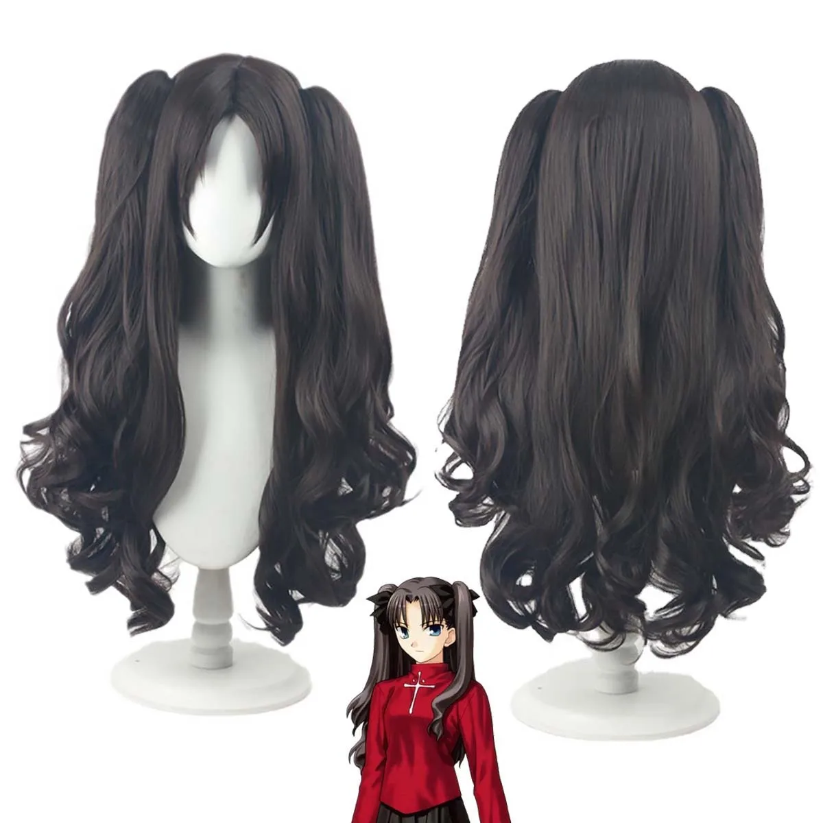 

Реквизит для Хэллоуина для взрослых, Fate/stay Night Tohsaka Rin, длинный вьющийся черный парик с хвостиками