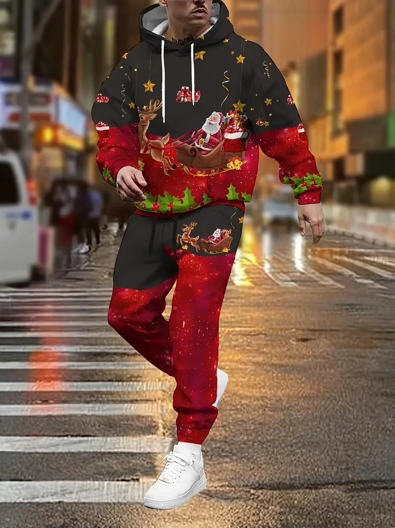 

Новая толстовка с 3D принтом Санта-Клауса + брюки, комплект из двух предметов для мужчин и женщин, модный спортивный рождественский спортивный костюм из 2 предметов, мужская одежда, зимняя одежда