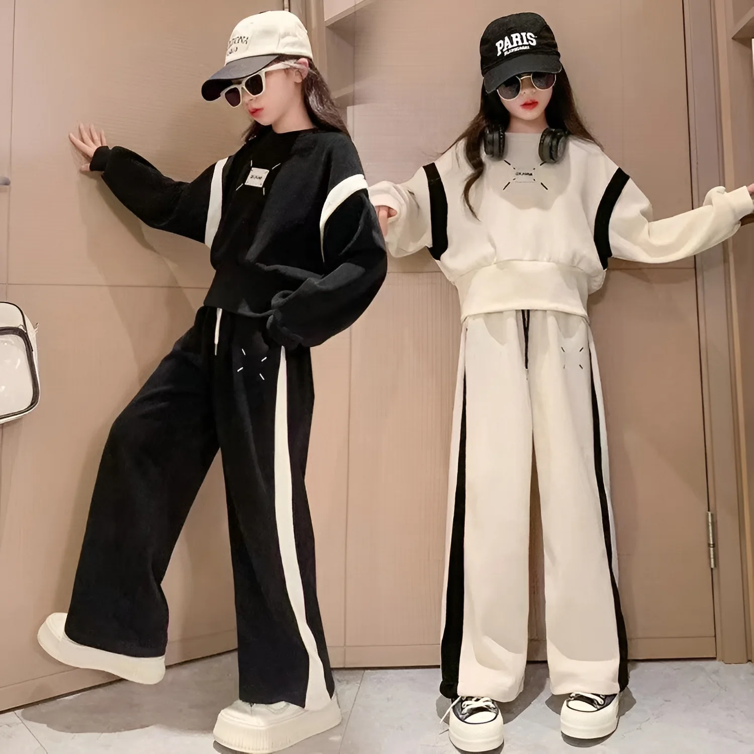 Girls Leisure Suit Long-sleeved Sweater + Wide-leg Trousers 2-piece Set Spring and Autumn New Style Splicing Outer Wear