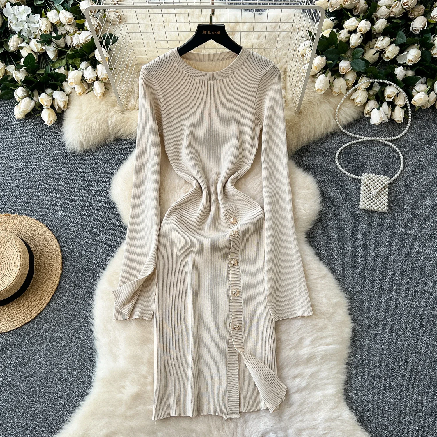 Vestido de malha com decote em O feminino, peito único, magro, dividir, rua alta, vintage, coreano, chique, elegante, escritório, senhora, outono, inverno