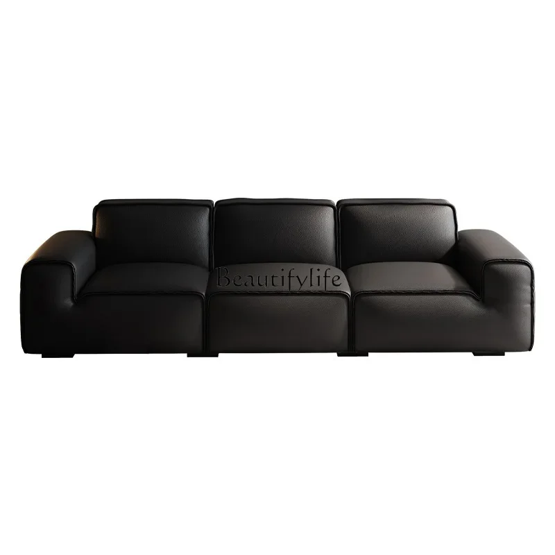 Big black cow sofa Italian minimalist leather cream wind tofu block villa high-end sofa