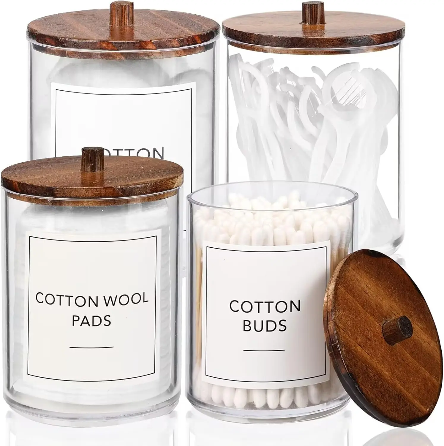 

4 Pack Qtip Holder Dispenser with Wood Lids, 10 oz Clear Plastic Apothecary Jars for Vanity Makeup Organizer and Bathroom