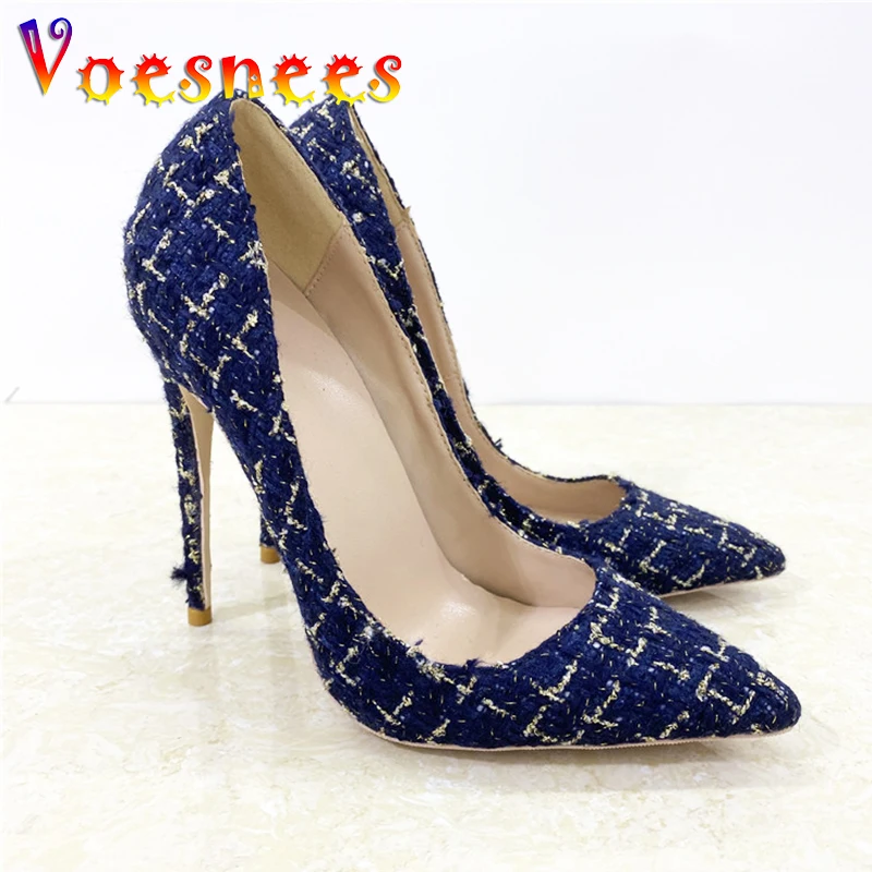 Mode Kostüm Tweed Frauen Schuhe Herbst neue blau karierte High Heels 10cm spitzen Zehen Party weibliche Pumps flachen Mund Einzels chuh