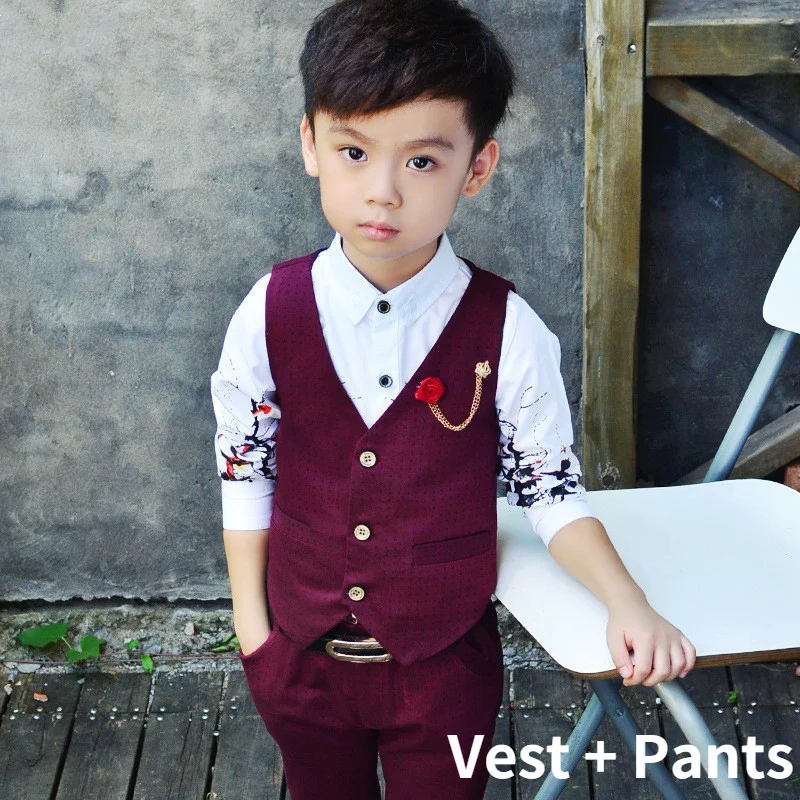 Boy Dot Top Ring Bearer Waistcoat Clothes Sets Kids Formal Suits Child Long Sleeve Shirt Vest Trousers Toddler Wedding Outfits