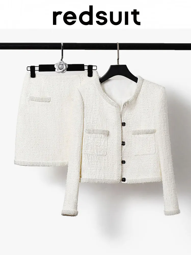 New Hand sewn nail bead white jacket+fashionable half skirt set