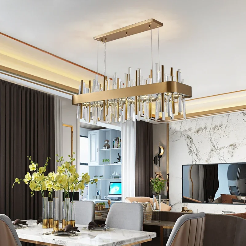 

Rectangle modern crystal chandelier for dining room gold home decor hanging light fixture luxury kitchen island led cristal lamp