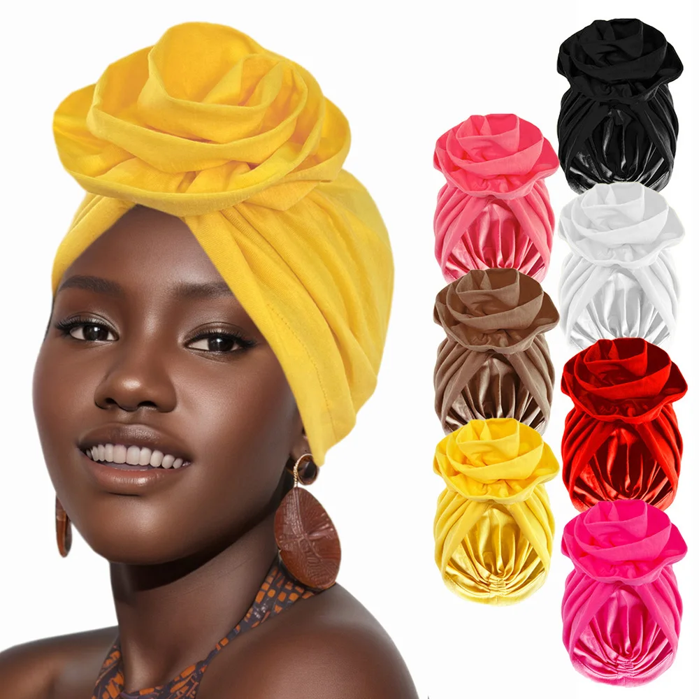 Ethnic Women\'s Hijabs Big Flower Turban Wrap Head Popular African Ladies Church Wedding Beanie Hat Multifunction Cap Accessories