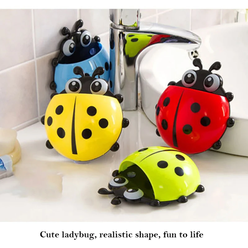 4-colours Cute Ladybug Toothbrush Holder Wall Suction Home Storage Rack Shelves Kids Bathroom Accessories Shelves Suction Cup