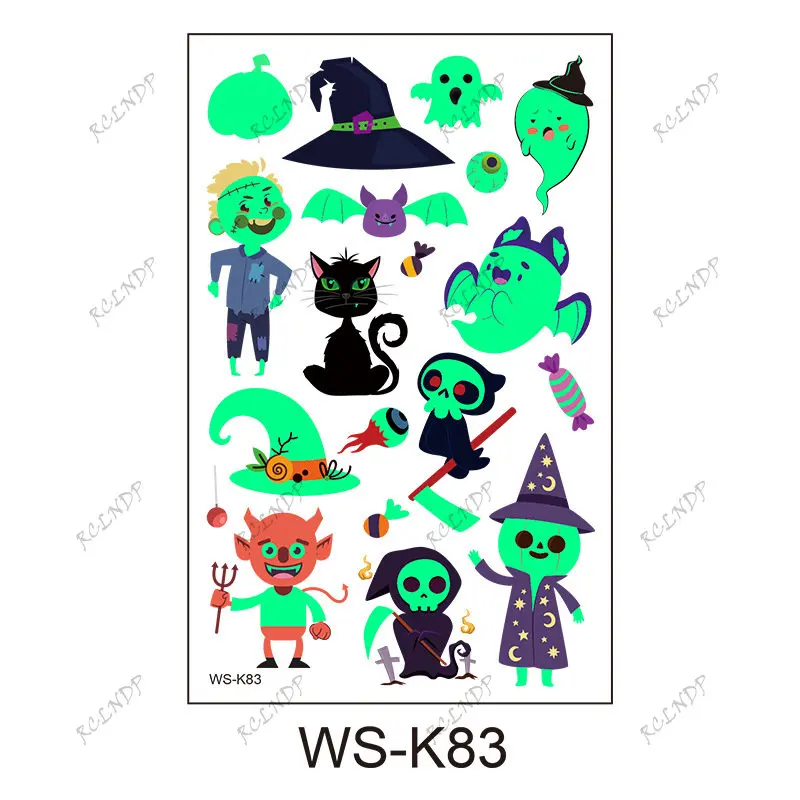 Waterproof Temporary Luminous Tattoo Sticker Cross Bat Grim Reaper Skull Halloween Flash Tatoo Fake Tatto for Kids Women Men