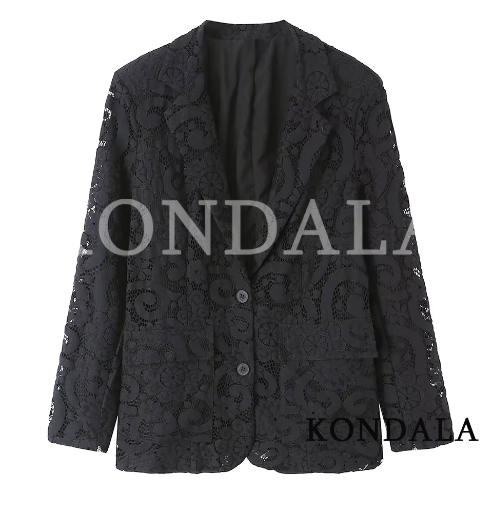 

Women Chic Black Lace Hollow Blazer KONDALA 2026 Summer Trendy Elegant Lace Blazer Female Holiday Leisure Single-breasted Blazer