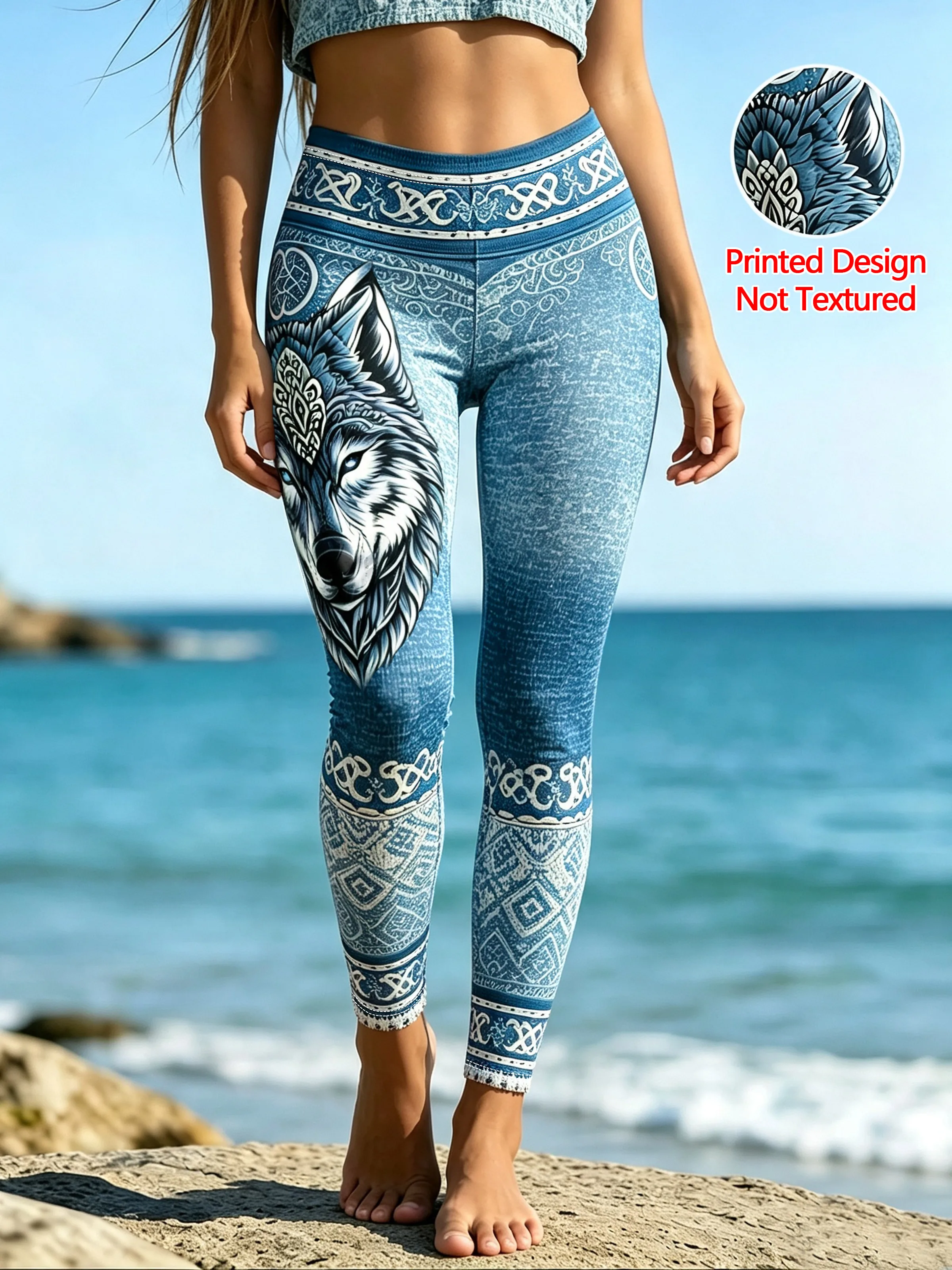 1580  Women's Retro Wolf Totem Print Tight Pants Ethnic Viking Print Base Layer Trousers for All Seasons