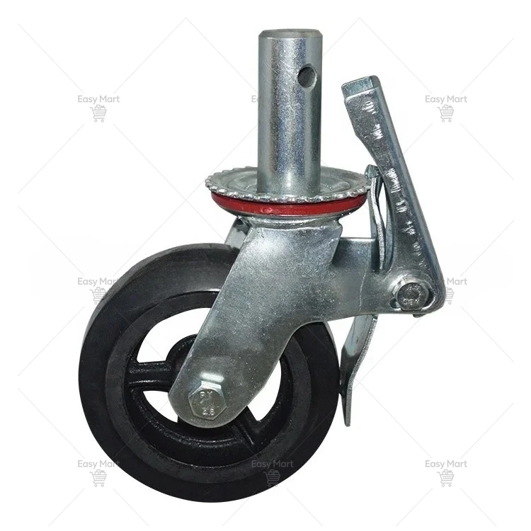 Mobile scaffold wheel brake with black rubber wheels