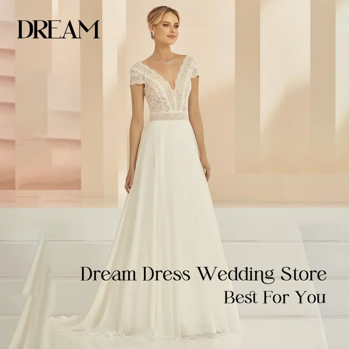 Dream Customized Boho Bohemian Wedding Dress V Neck Short Sleeve Lace Bodice Flowy Chiffon A Line Bridal Gowns Vestidos De Novia
