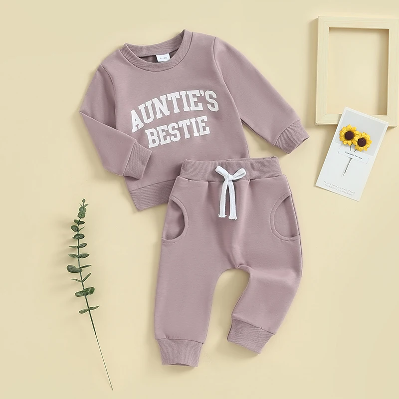 

Toddler Baby Girl Spring Outfit Aunties bestie Long Sleeve Letter Sweatshirt Pants Clothes Set baby girl outfit