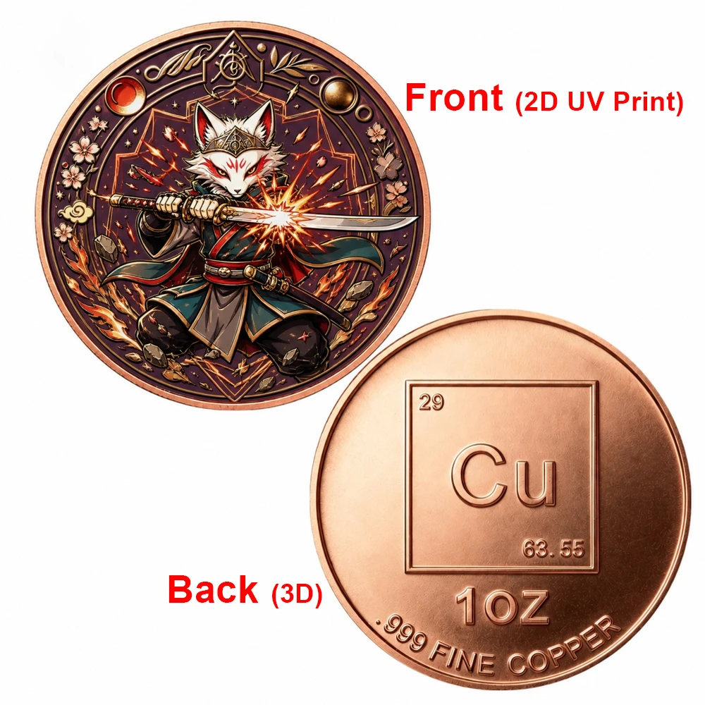 1pc Magical Fox Samurai Challenge Coin 1oz .999 Fine Copper Coin Japanese Myth Katana Sakura Fantasy Collectible Home Decor Gift