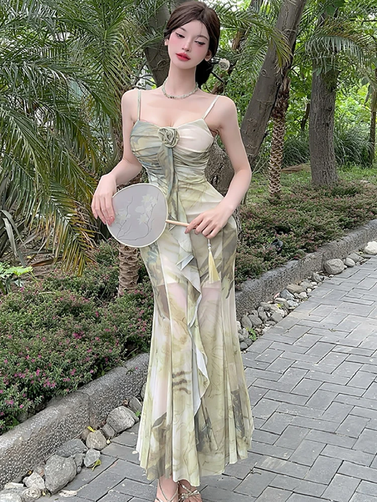 Frauen Grün Print Mesh Chic Rüschen Langes Kleid Sommer Elegante Schlinge Sexy Kleid 2025, Koreanische Mode, Figurbetontes Casual Urlaub Kleid