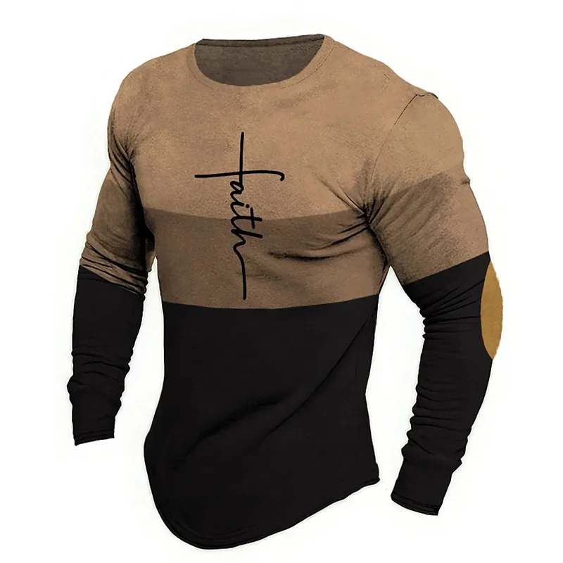 3D Printed Vintage Cross T Shirt For Men Stripe Color Block Pattern Tees Spring Autumn Casual T-Shirts O-Neck Tops Long Sleeves
