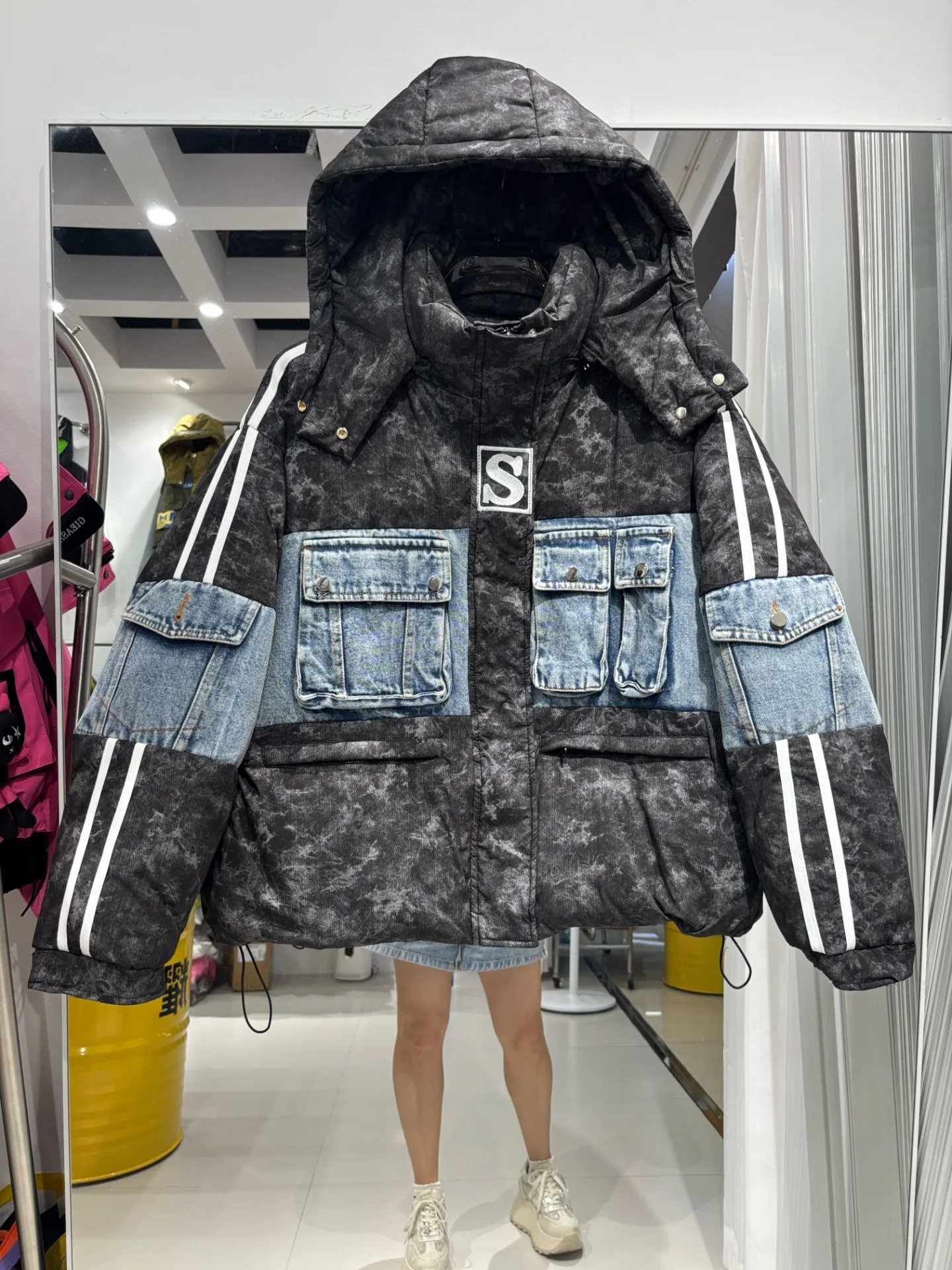 الشتاء الدنيم المرقعة انفصال مقنعين أسفل سترة الإناث التعادل صبغ سستة مبطن الستر النساء الأبيض بطة أسفل باركر أبلى