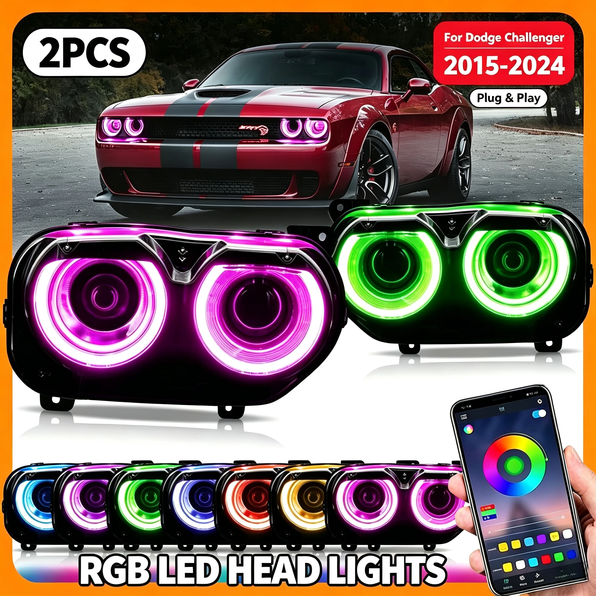 Auto-LED-Scheinwerfer für Dodge Challenger 2015-2024 Zubehör Modifizierte RGB-App Farbwechsel Frontlicht-Baugruppe
